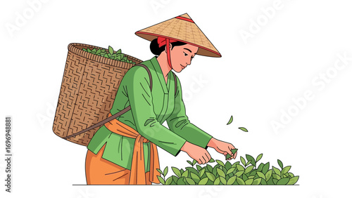 Tea Harvest in Tradition: Witness a dedicated tea farmer in traditional attire, meticulously collecting leaves into a woven basket, showcasing the time-honored method of tea harvesting.