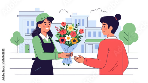Blossom Offering: A kind florist proffers a vibrant bouquet of fresh flowers to a person against the backdrop of an urban city scene. conveying love, appreciation, and the essence of gifting.