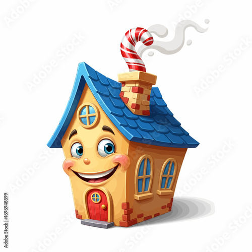 Whimsical cartoon house with a cheerful face and a candy cane chimney, perfect for holiday themes or children's content