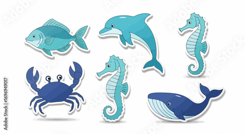 Vibrant Marine Life Sticker Set Featuring Fish, Dolphin, Seahorse, Whale & Crab in a Cute Design