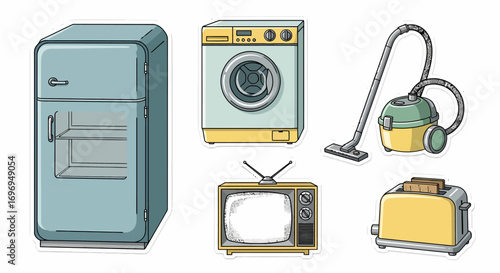 Retro household appliance sticker pack refrigerator, washing machine, vacuum, TV, and toaster in a clean, vintage style
