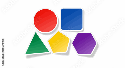 Geometric Shapes Sticker Pack in Red, Blue, Green, Yellow, and Purple on a White Background