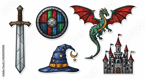 Fantasy Sticker Pack Sword, Shield, Dragon, Hat, Castle