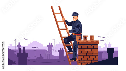 Chimney Sweep Ascending: A chimney sweep diligently climbs a ladder to inspect and maintain a brick chimney atop a roof with city skyline background.