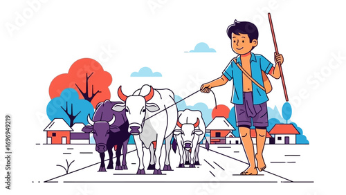 Village Boy and Cattle: A charming illustration portrays a young boy leading a herd of cattle through a tranquil village scene. The boy, with a serene expression, guides the animals along a path.