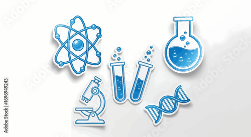 Illustration of scientific icons, including atom, microscope, test tubes, DNA, and flask, presented in a clean, minimalist style