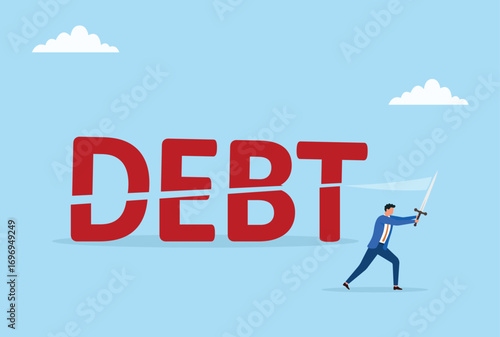 Vector illustration of a businessman cutting the word 'DEBT' with a sword, symbolizing financial freedom, overcoming debt, smart money management, and business success
