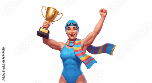 A happy swimmer in a vibrant blue swimsuit and cap joyfully holds a golden trophy, celebrating her victory with a fist pump and a colorful striped scarf