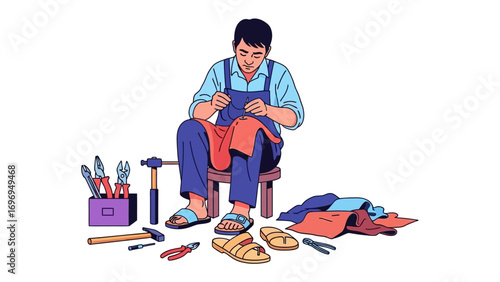 Artisan Craftsman at Work: A skilled craftsman meticulously sews together leather pieces with delicate precision and care, a testament to craftsmanship.