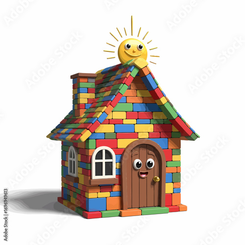 Joyful cartoon house with smiling sun on roof brightens any project with playful charm