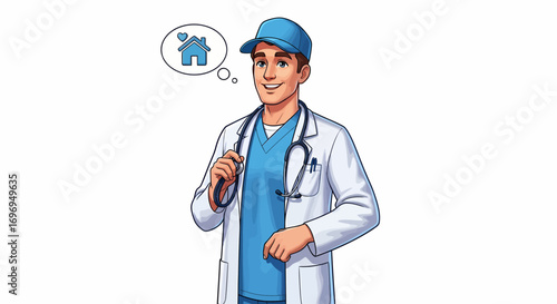 Professional male doctor or veterinarian character in a blue uniform dreaming about a house, isolated on a white background illustration