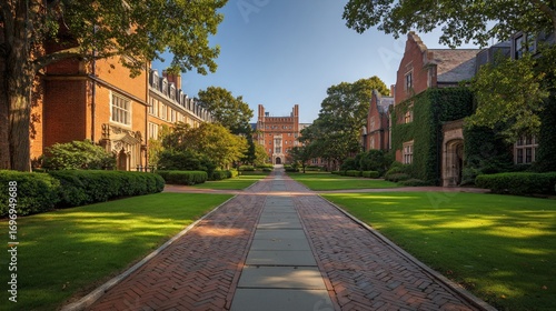 Yale University's picturesque Branford College courtyard basking in the sunlight on a clear day