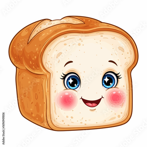 Charming cartoon bread loaf with a joyful expression and rosy cheeks, isolated on white background
