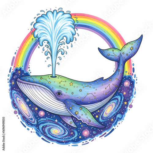 Whimsical celestial whale spouts rainbow water amidst swirling galaxies and stars, a magical, dreamlike scene.
