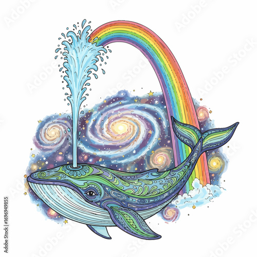 Whimsical whale spouting water under a vibrant rainbow amidst swirling galaxies and stars