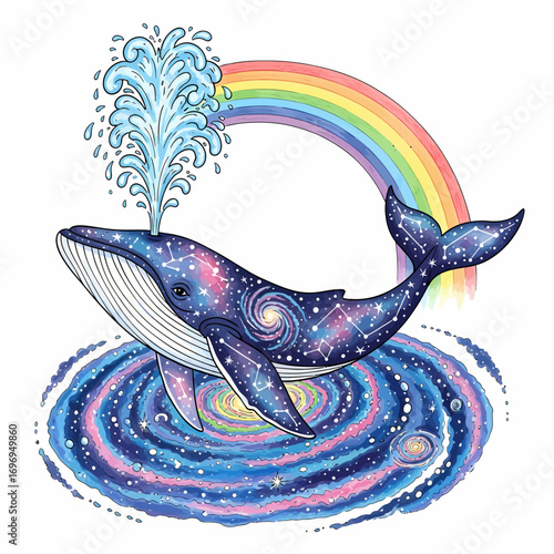 Whimsical galaxy whale spouting water with vibrant rainbow and cosmic swirl