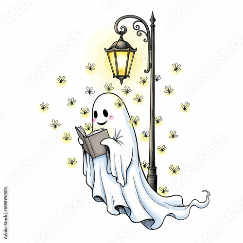 Charming ghost character reading a book by a glowing lamppost surrounded by fireflies