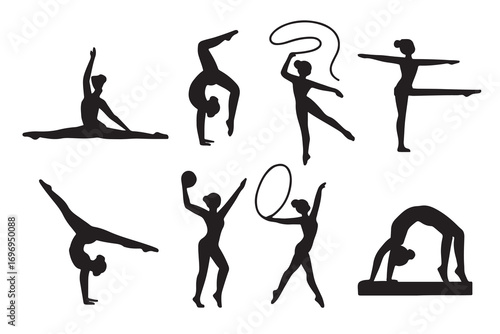 Black silhouettes of gymnasts performing various poses and routines