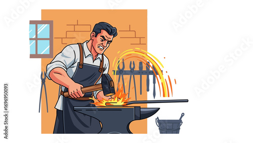 Blacksmith Crafting: A skilled craftsman passionately forges metal, sparks flying as he hammers a red-hot bar on his anvil, in a classic illustration of traditional metalwork.