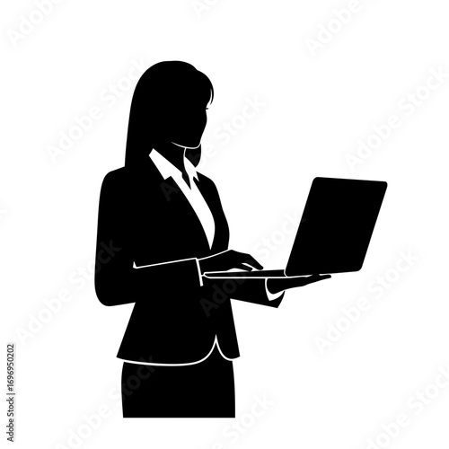Confident businesswoman actively working on laptop, symbolizing professionalism and modern technology in business.