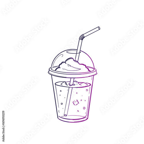 Slushy drink in plastic cup with straw with refreshing playful mood, minimalist black and white line drawing vector illustration with neon violet slush and toxic lime straw on white background
