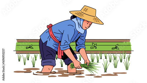 Hardworking Rice Farmer in Field: A diligent rice farmer, dressed in traditional attire, bends in a field to plant rice. Depicting the vital connection between agriculture and human effort.