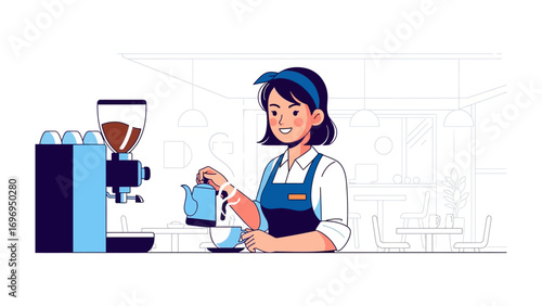 Cafe barista's service: Charming barista expertly crafting coffee, serving up the aromatic drink in a cozy cafe environment, blending expertise with an inviting atmosphere.