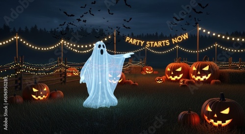 Join the spooky fun at a Halloween night party with glowing pumpkins and ghosts.