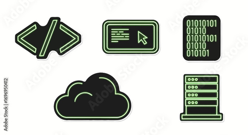 Networked Data Icons Cloud, Server, Code, and Binary Graphics
