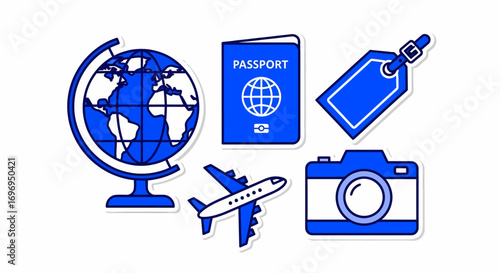 A vibrant blue collection of vector travel icons for global tourism and adventure planning concepts