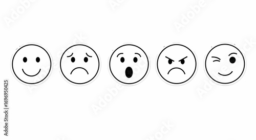 A diverse set of outline emoticons and smiley faces representing a range of human feelings, reactions, and feedback