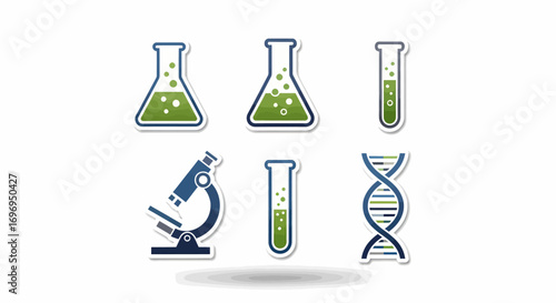 Set of science and chemistry laboratory icons including microscope, flasks, test tubes, and DNA strand. Vector illustration for research and education