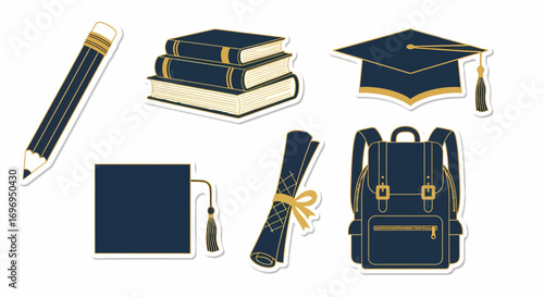 Graduation Stickers Education Icons, Books, Pencil, Backpack, Degree