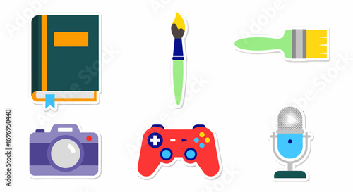 Set of icons representing creative hobbies like photography, gaming, painting, and writing, all depicted in a colorful, flat design style