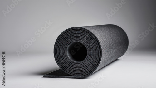 The black mat is rolled up for sports or yoga on a white background.