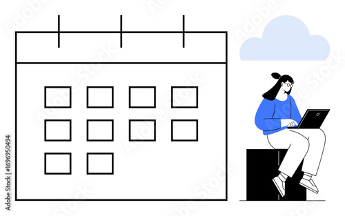 Large calendar with grid layout and tabs beside a woman in blue shirt using a laptop while seated. Ideal for time management, productivity, scheduling, planning, work-life balance, remote work