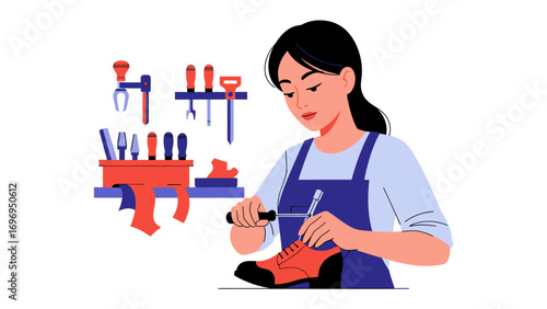 Artisan's Craft: A skilled artisan, dedicated to her craft, meticulously repairs a shoe, showcasing precision and passion in her workshop setting. 