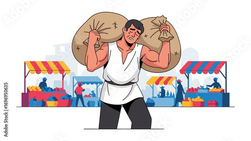 Market Day Burden: A strong figure struggles under the weight of heavy sacks on a vibrant market day, portraying the essence of labor and toil.