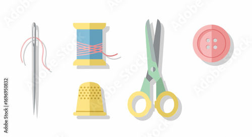 Sewing Kit Icons Needle, Thread, Scissors, Thimble, and Button - Isolated Flat Vector Set