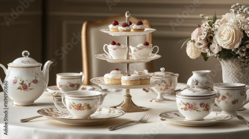 Wallpaper Mural Elegant floral china tea set with tiered dessert stand. Torontodigital.ca