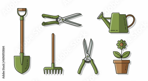 A set of green gardening tool icons, including a shovel, rake, shears, watering can, and a potted flower, isolated in a flat line art style