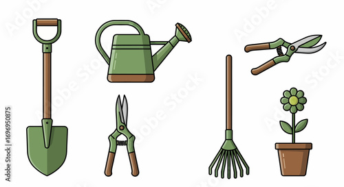 Gardening Tools and Flower Icon Set  Flat Design Illustrations