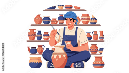 Pottery Artist at Work: A skilled artisan, immersed in their craft, delicately paints a ceramic vessel within a studio filled with a diverse collection of handcrafted pottery.