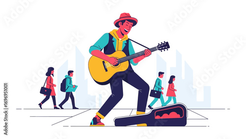 Street Musician's Melody: A street musician passionately plays his guitar, serenading passersby on a city sidewalk, a symbol of creative expression and free entertainment.