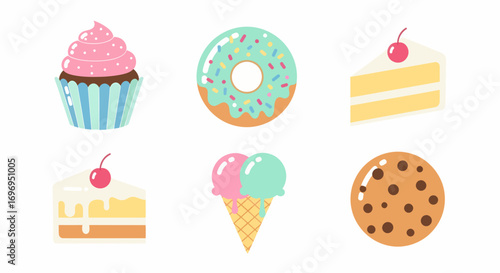 Vibrant icon pack of simple dessert illustrations featuring sweet treats cupcakes, donuts, cake, ice cream, and cookies, isolated on a white background
