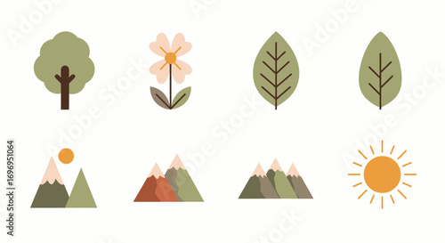 A collection of nature-themed icons featuring trees, flowers, leaves, mountains, and the sun in a simple, minimalist style