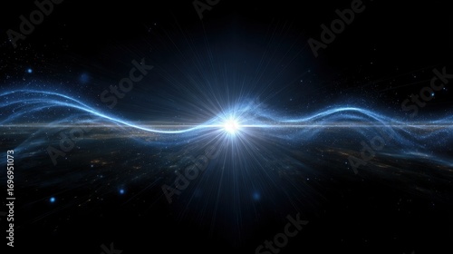 Distant Star's Cosmic Rays: Futuristic Light Waves in Blue and White Expanding Across Space