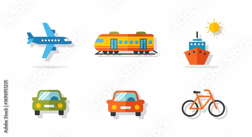 Flat design vector icon collection for travel and transportation, featuring an airplane, train, ship, cars, and a bicycle isolated on a white background