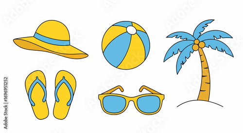 Cheerful vector icons of summer vacation essentials sun hat, beach ball, palm tree, flip-flops, and sunglasses for a perfect sunny getaway