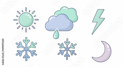 Weather Icons Sun, Cloud, Rain, Lightning, Snowflakes, and Moon in Pastel Colors